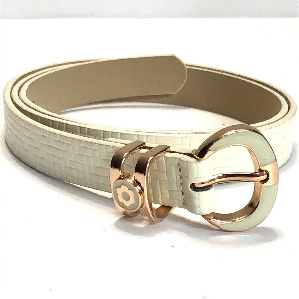 Off White Enamel Buckle Vegan Leather Belt size 28-34”